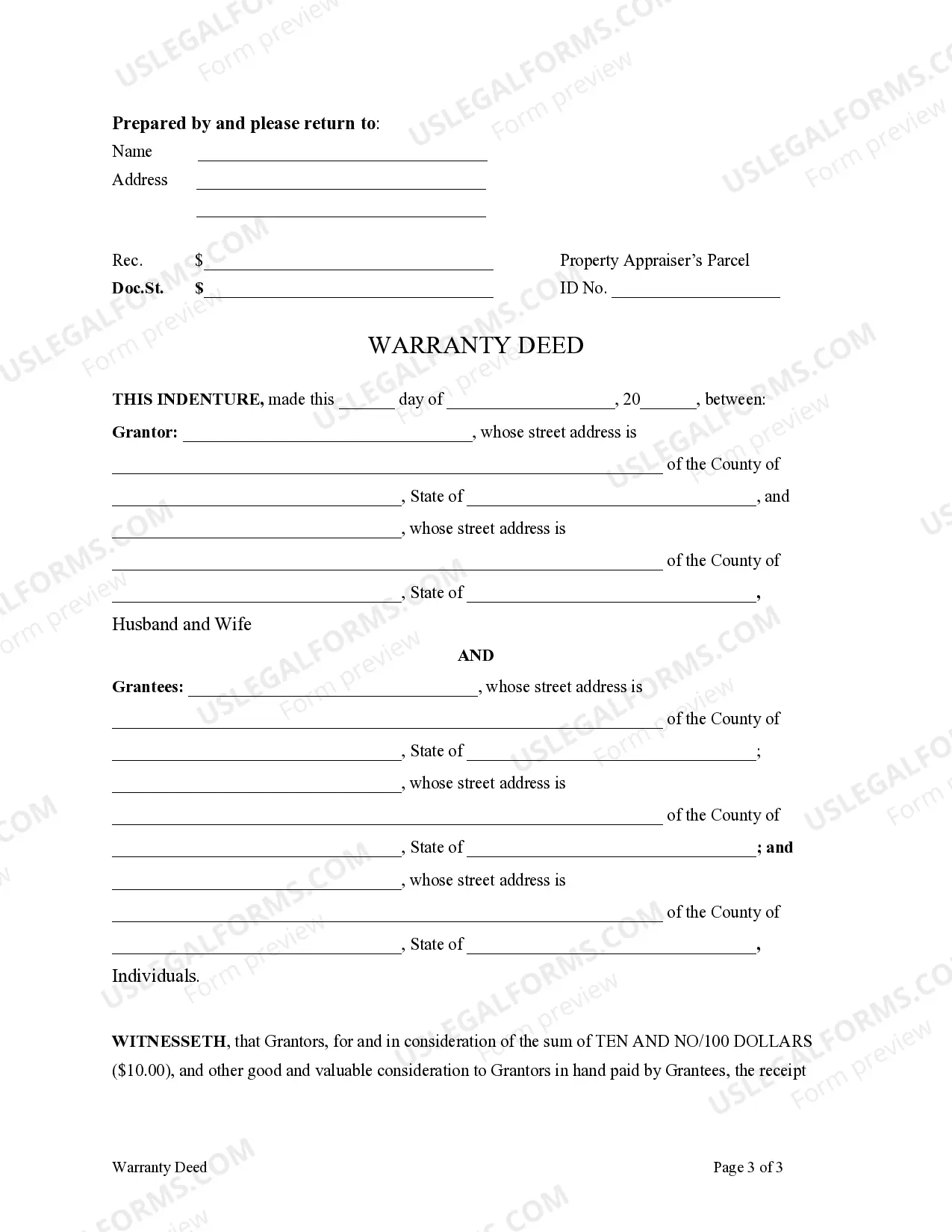 Preview Warranty Deed from Individuals or Husband and Wife to Individuals (3) as Tenants in Common