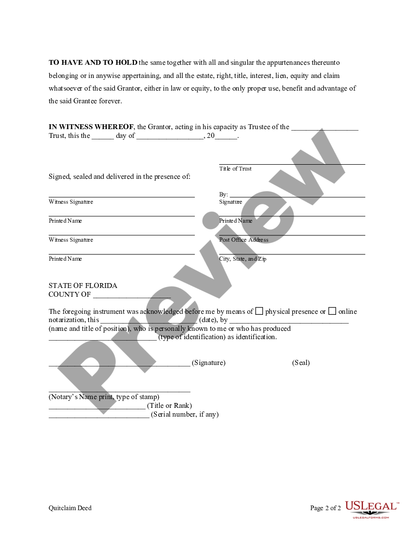 Florida Quitclaim Deed Trust to Individual Florida Quitclaim Deed