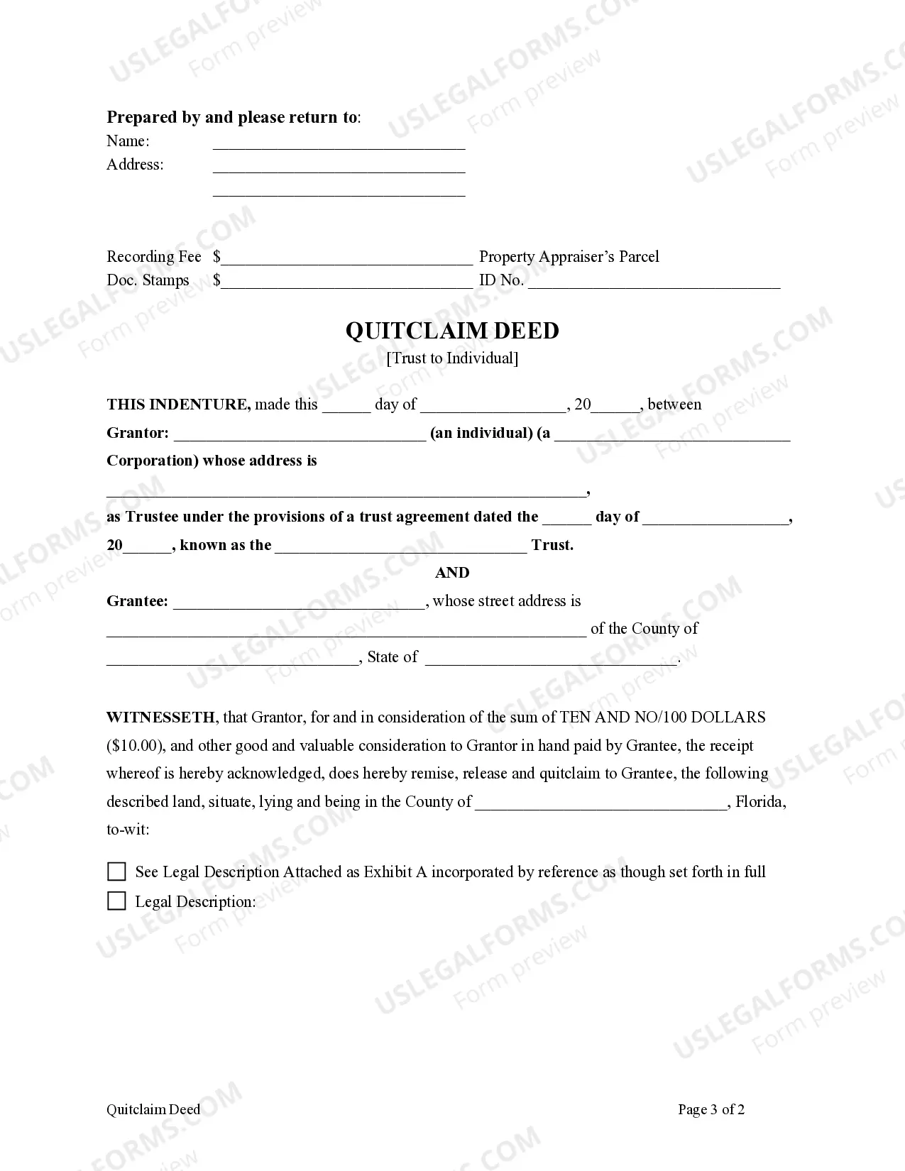Preview Quitclaim Deed - Trust to Individual