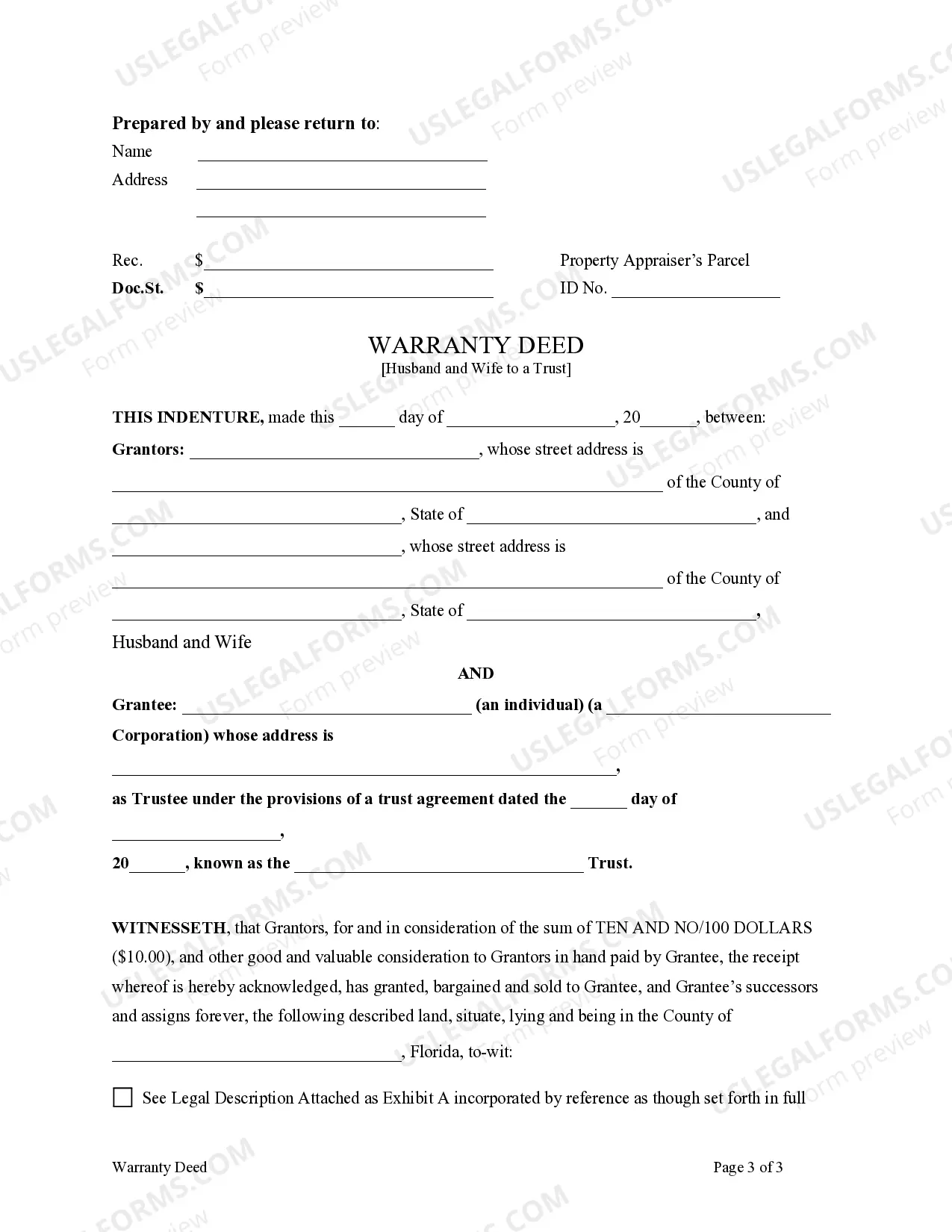 Preview Warranty Deed for Husband and Wife to a Trust