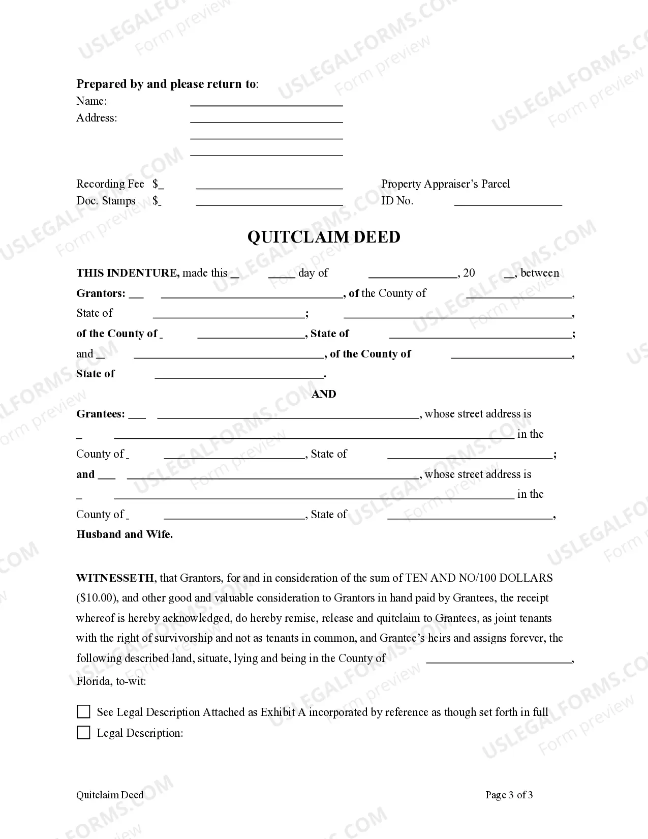 Preview Quitclaim Deed for Three Individuals to Husband and Wife as Joint Tenants with the Right of Survivorship