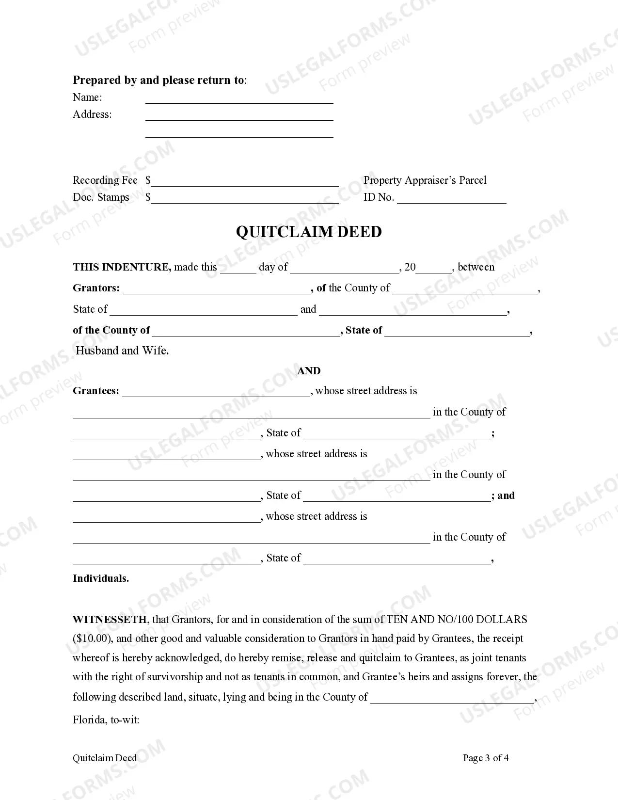 Preview Quitclaim Deed for Individuals or Husband and Wife to Three Individuals as Joint Tenants with the Right of Survivorship