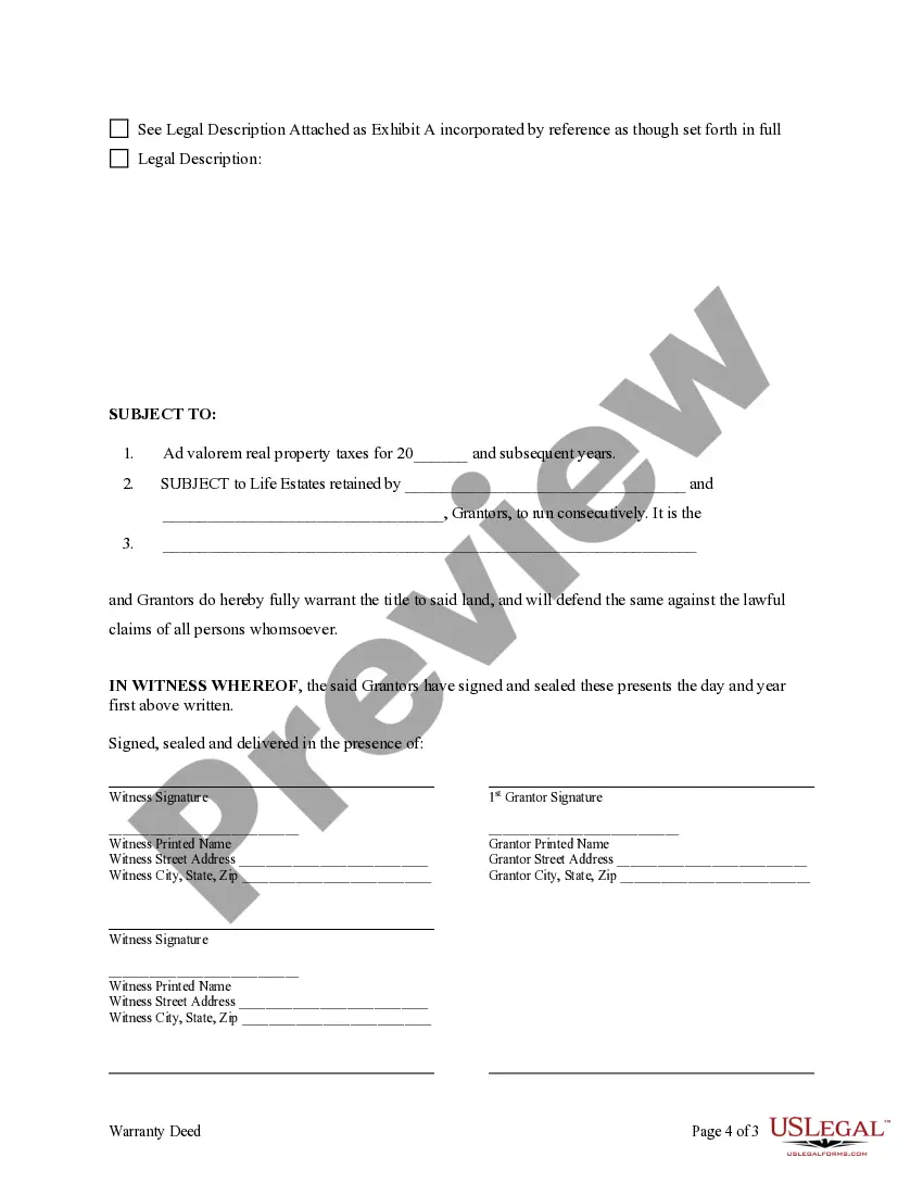 Get Warranty Deed from two Individuals to Two Individuals as Joint Tenants with the Right of Survivorship with Retained Life Estates Preview Warranty Deed from two Individuals to Two Individuals as Joint Tenants with the Right of Survivorship with Retained Life Estates