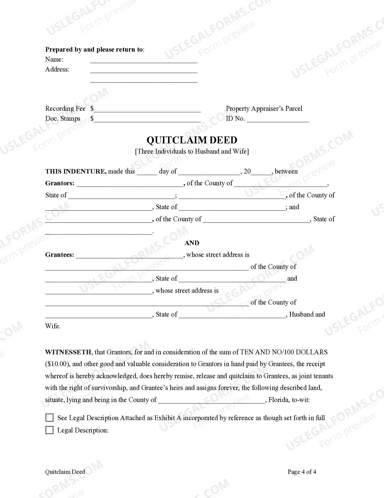 Preview Quitclaim Deed - Three Individuals to Husband and Wife as Joint Tenants