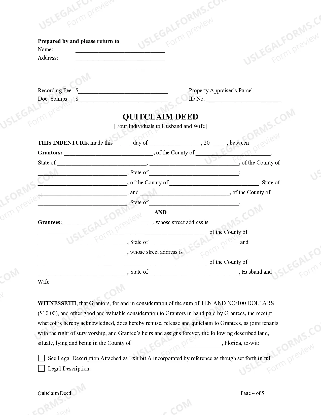 Preview Quitclaim Deed - Four Individuals to Husband and Wife as Joint Tenants