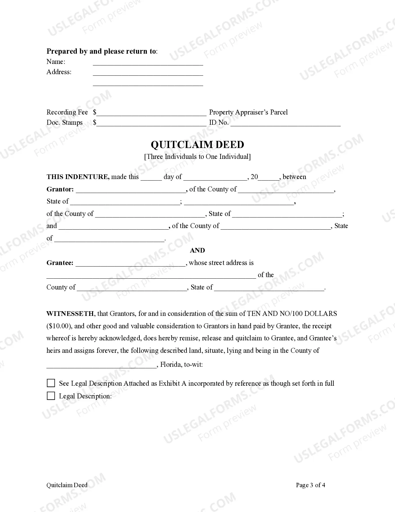 Preview Quitclaim Deed - Three Individuals to One Individual