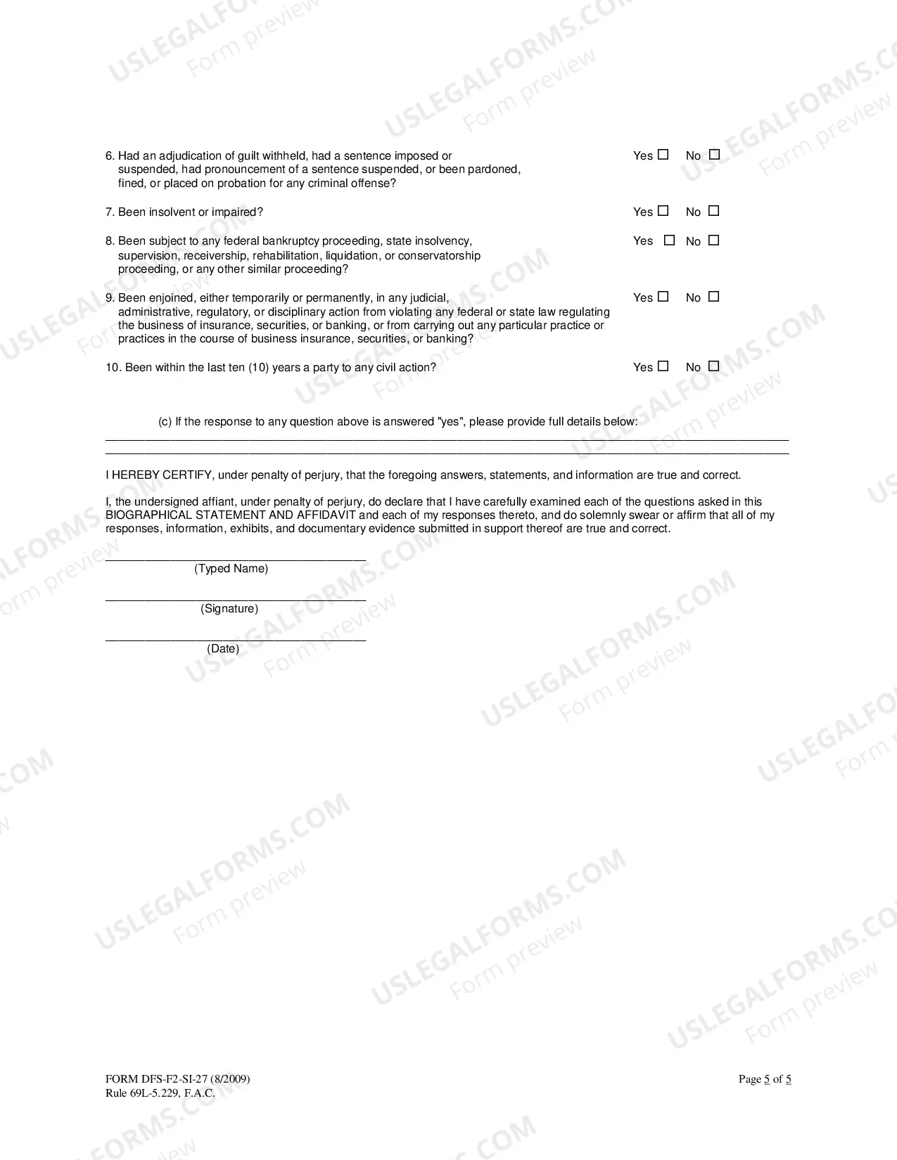 Preview Biographical Statement and Affidavit - Self Insurance