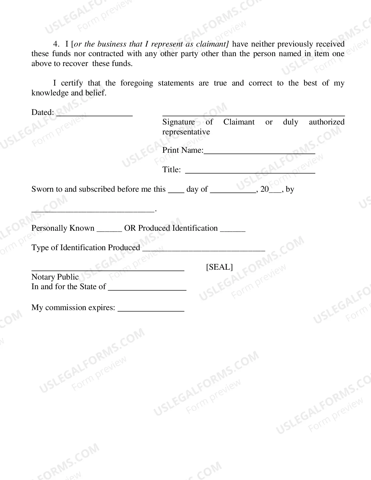 Preview Application For Payment of Unclaimed Funds And Affidavit Of Claimant