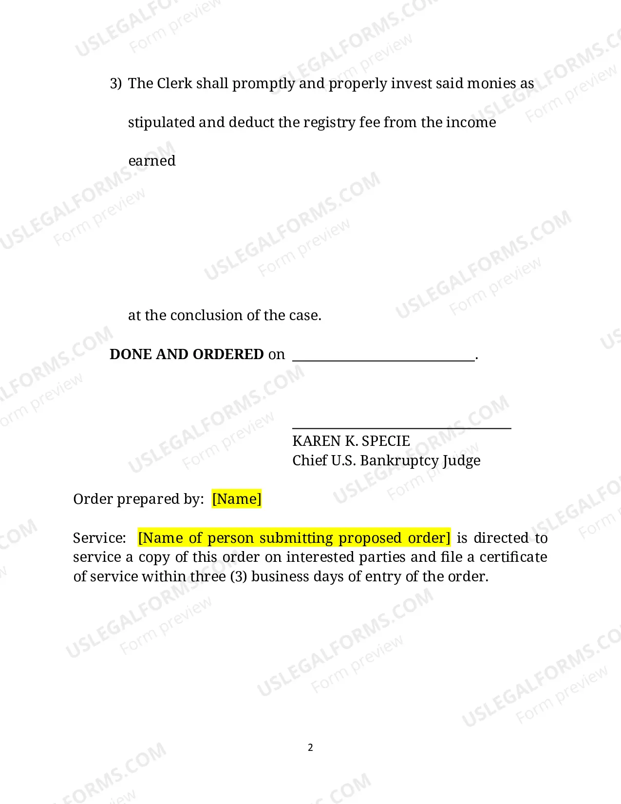 Preview Order Granting Deposit And Investment