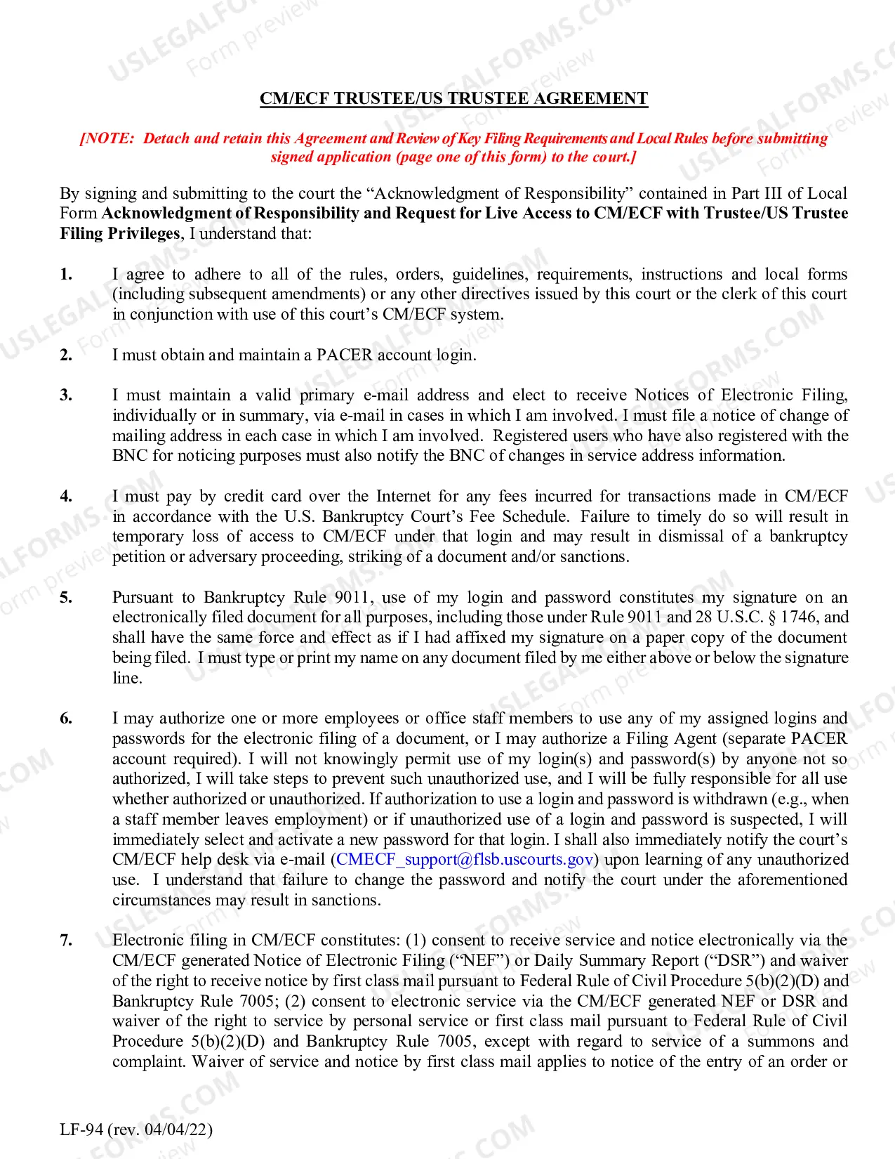 Preview Acknowledgment of Responsibility - CM-ECF Live Access Request Trustee-US Trustee Privileges