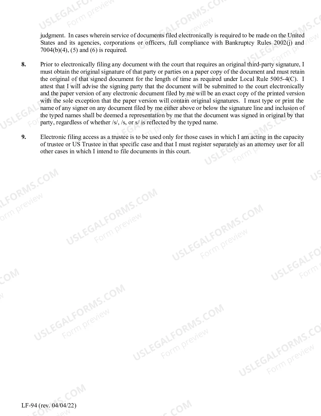 Preview Acknowledgment of Responsibility - CM-ECF Live Access Request Trustee-US Trustee Privileges