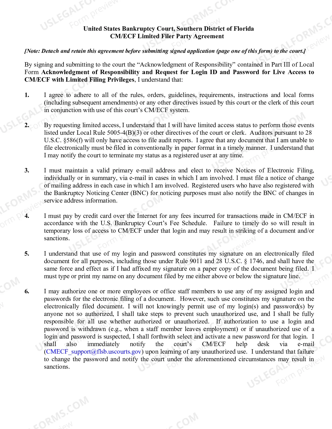 Preview Acknowledgment of Responsibility - Request For Live Access To CM-ECF Ltd Privileges