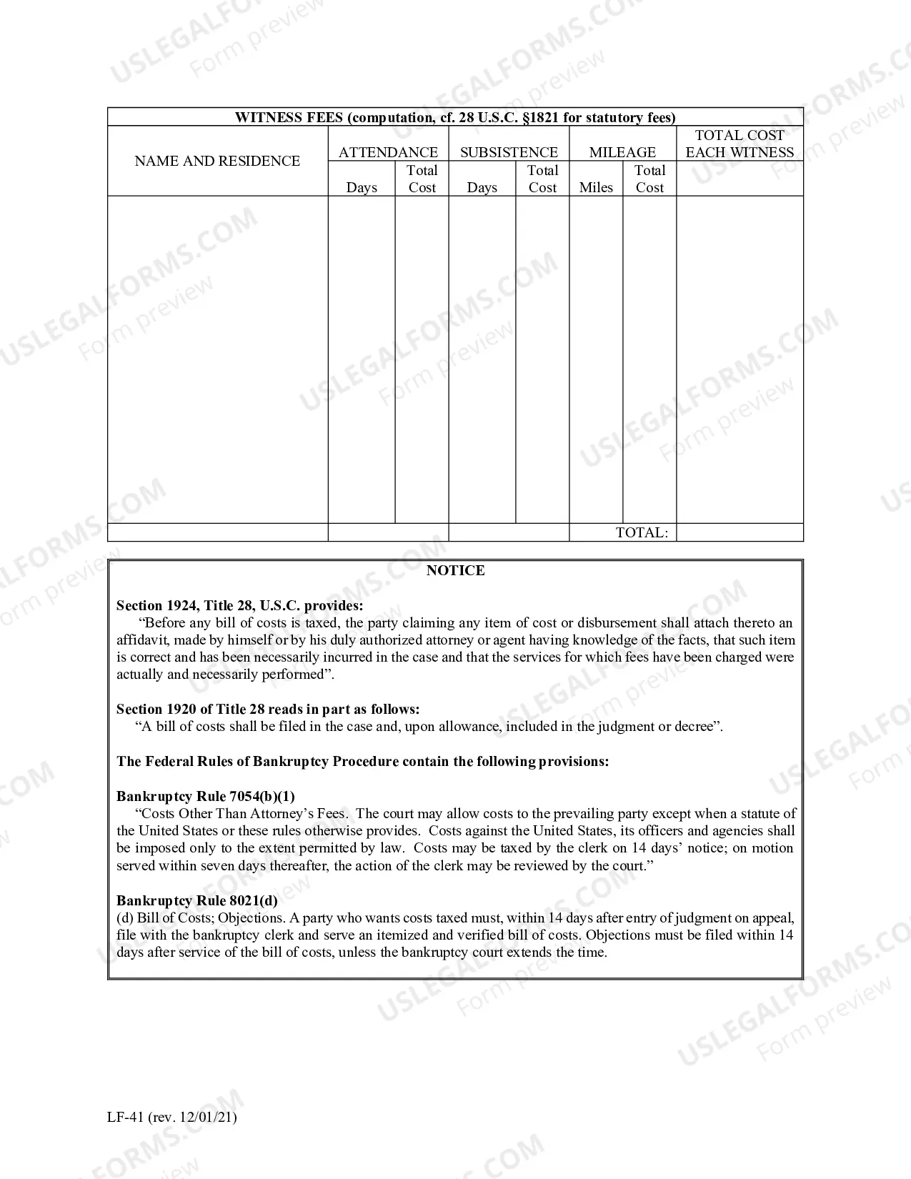 Preview Bill of Costs
