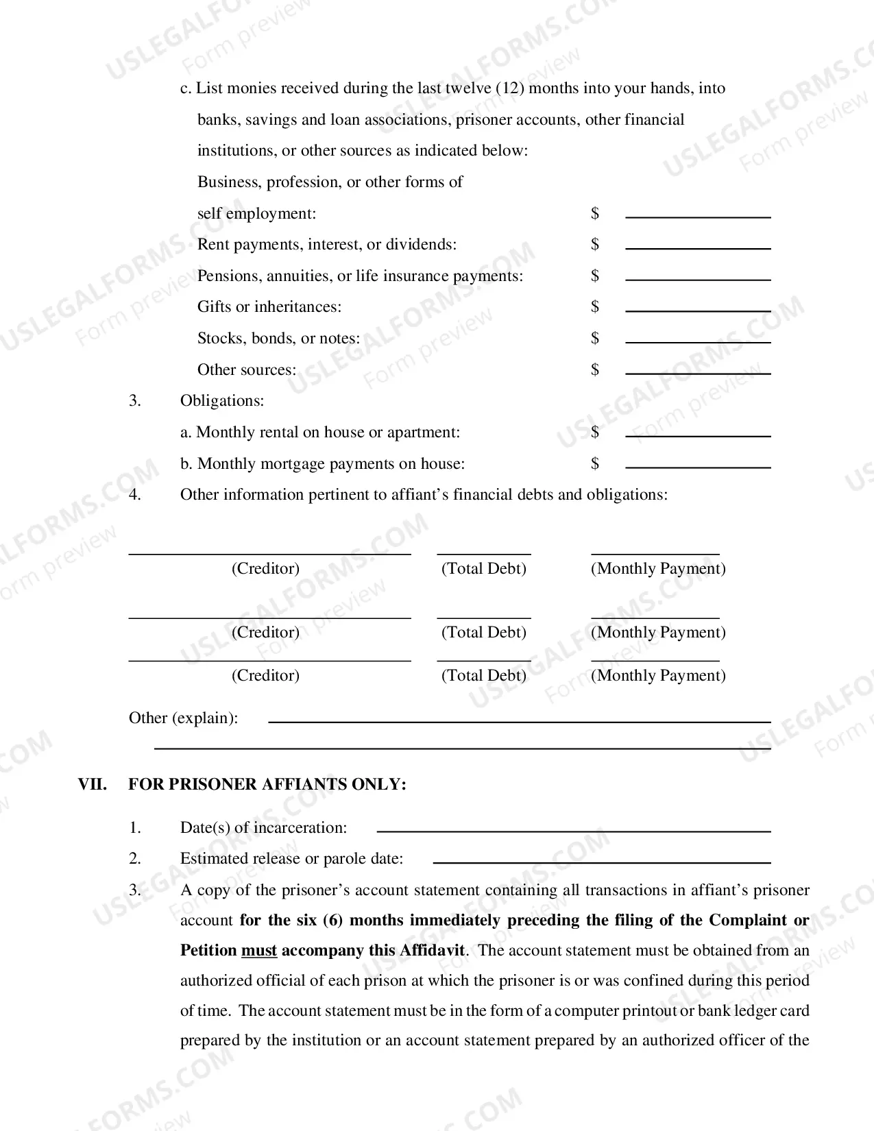 Preview Affidavit of Indigency