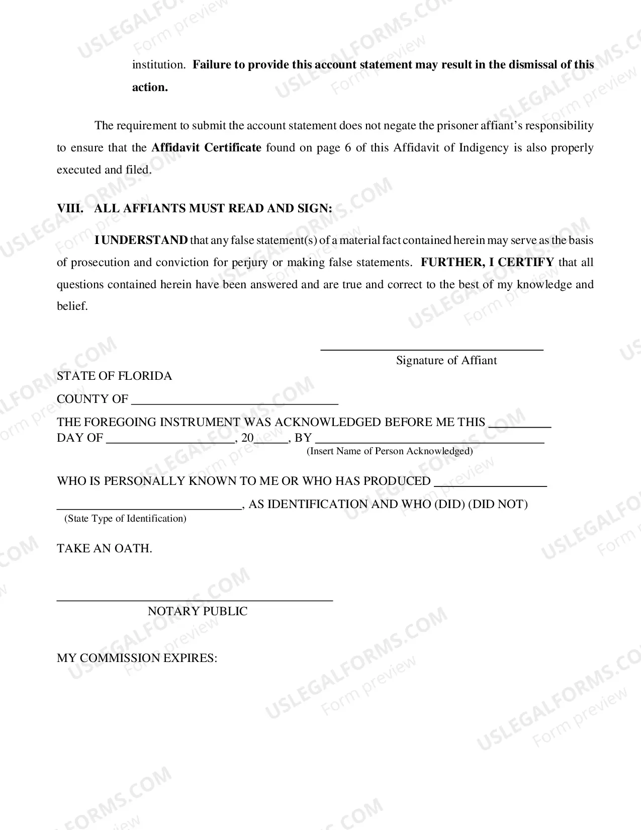 Preview Affidavit of Indigency