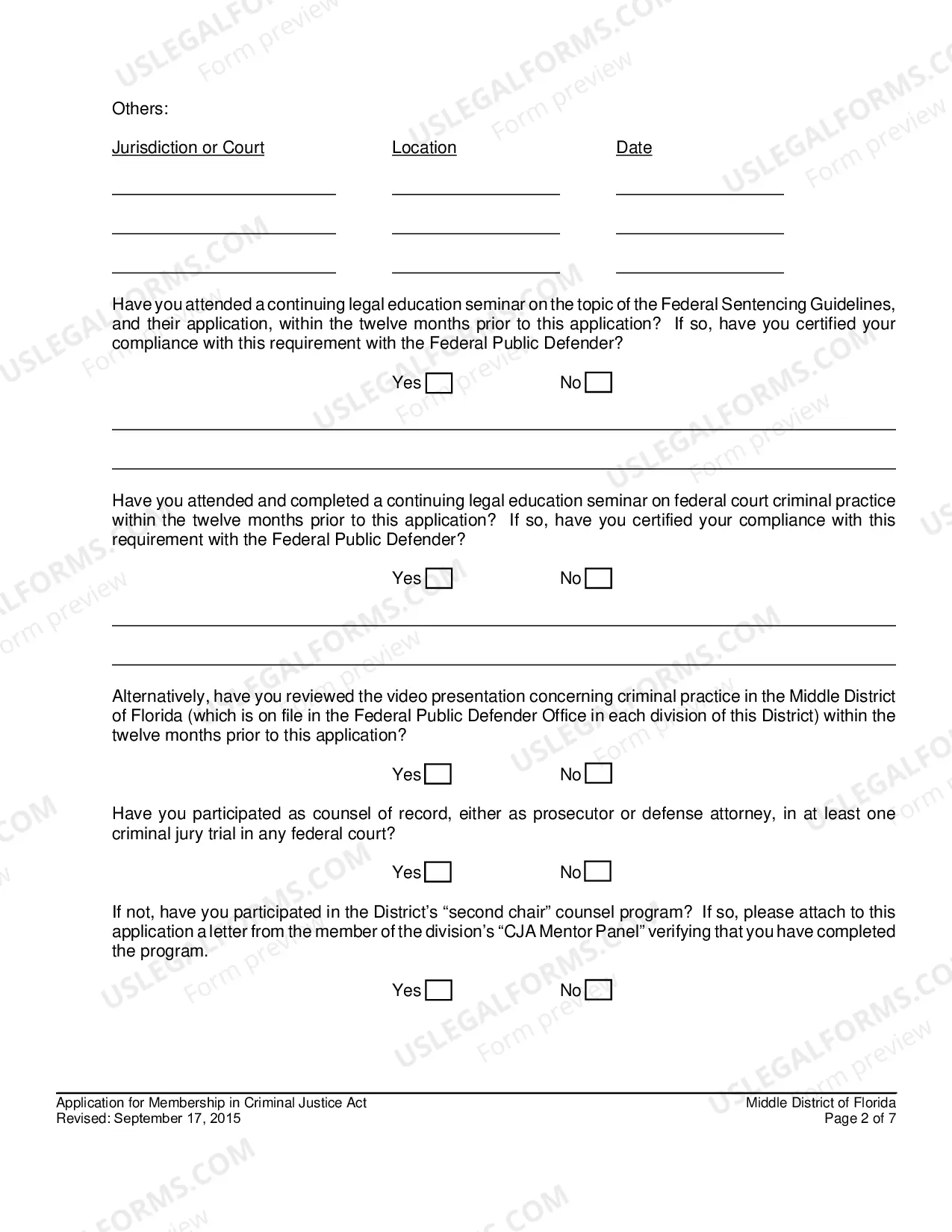 Preview Questionnaire And Application For Membership In Criminal Justice Act Panel