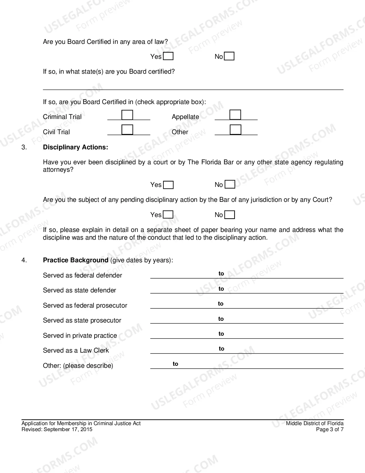 Preview Questionnaire And Application For Membership In Criminal Justice Act Panel