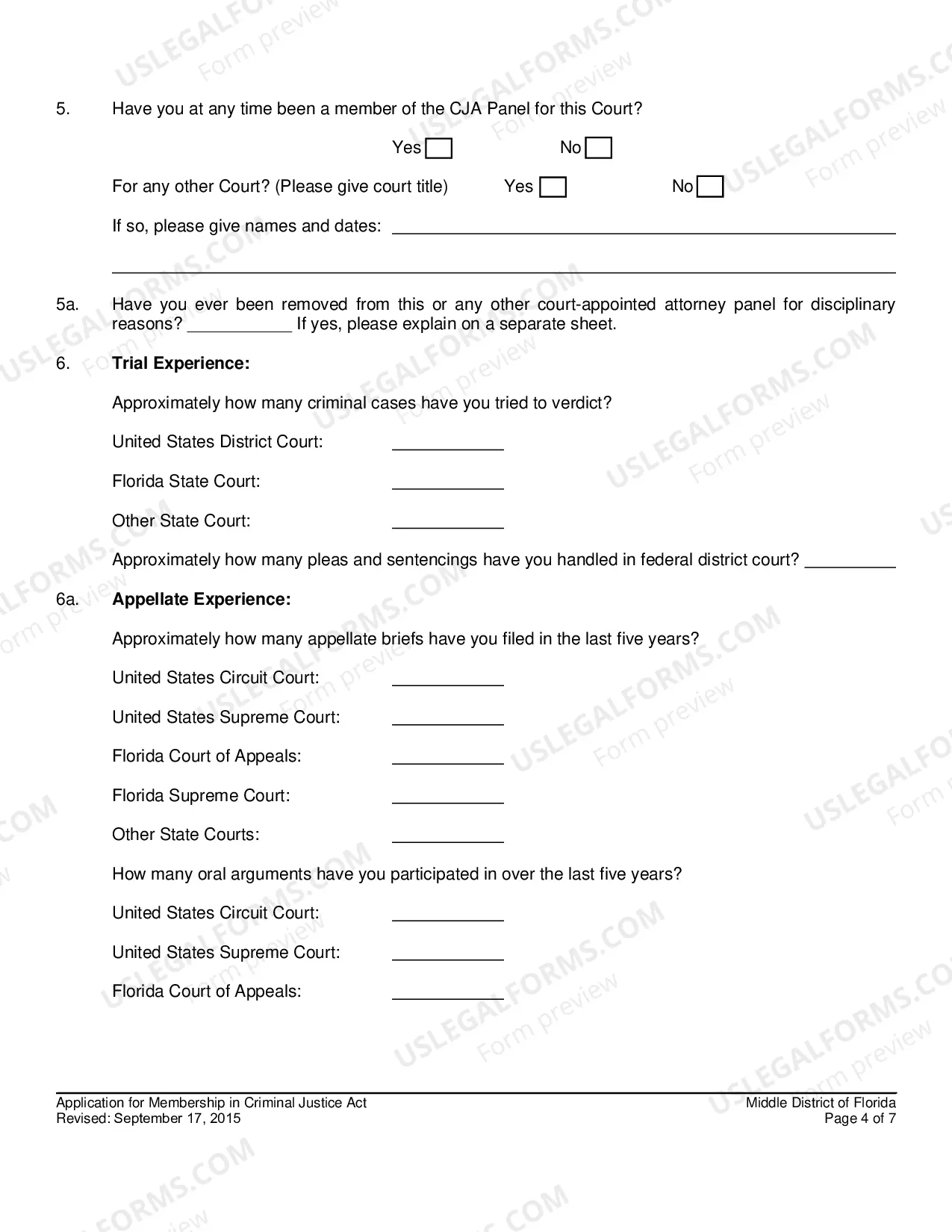 Preview Questionnaire And Application For Membership In Criminal Justice Act Panel
