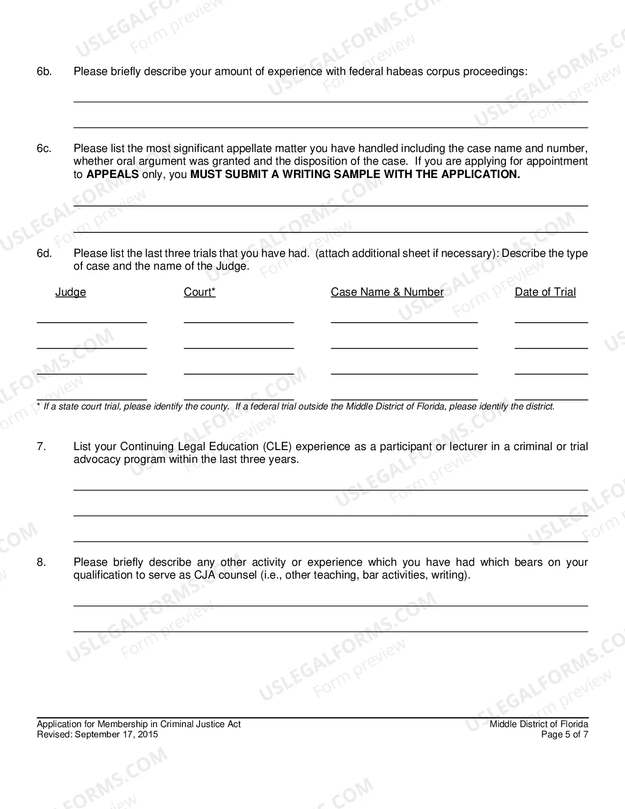 Preview Questionnaire And Application For Membership In Criminal Justice Act Panel