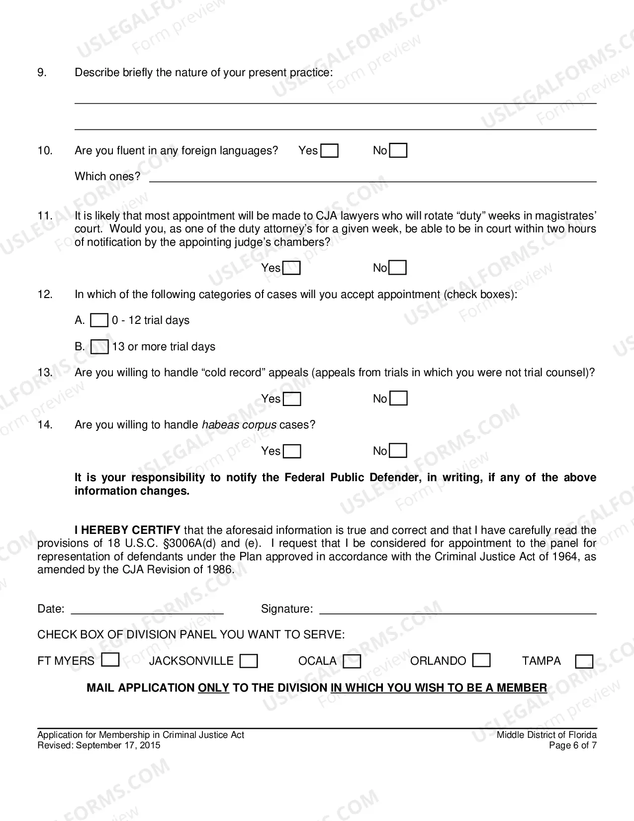 Preview Questionnaire And Application For Membership In Criminal Justice Act Panel