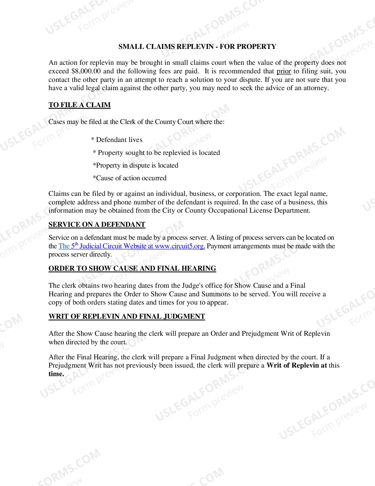 Preview Small Claims Replevin Packet