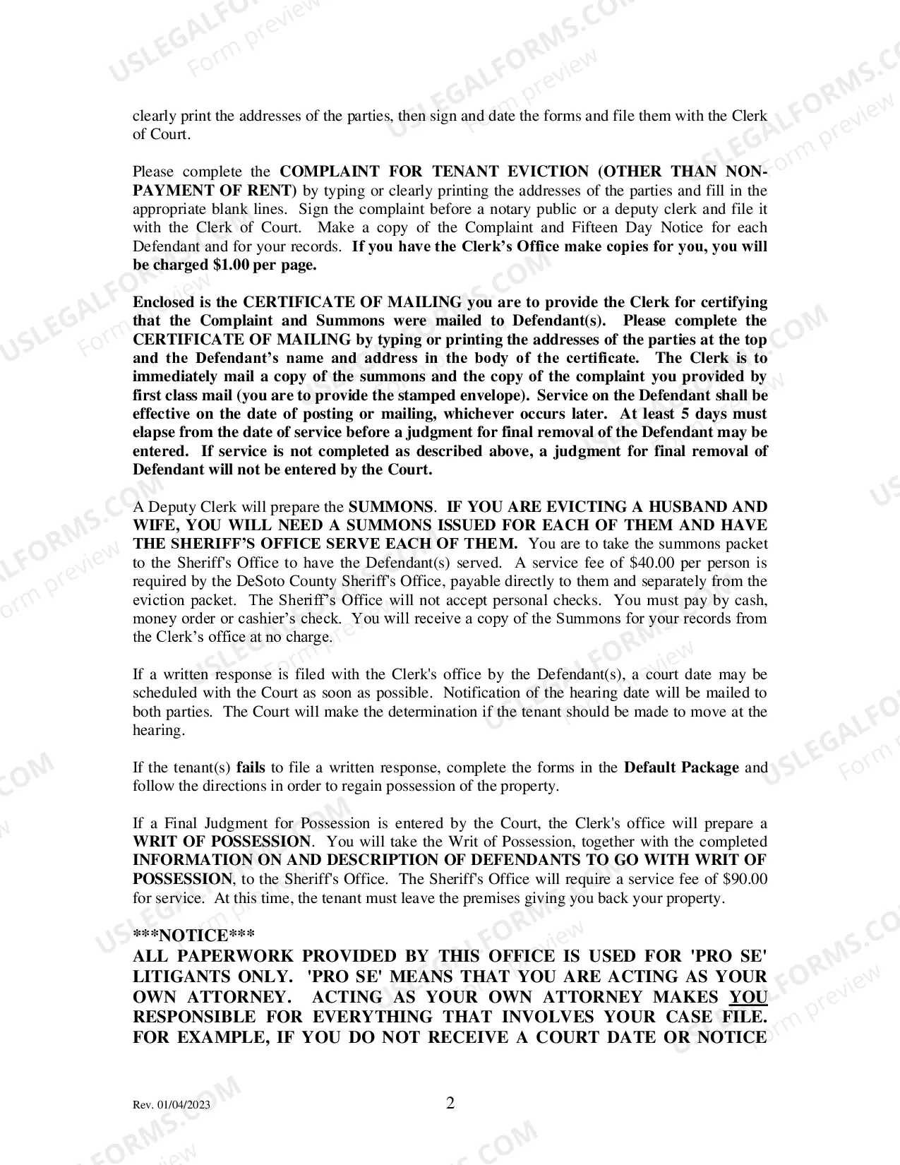 Preview Tenant Eviction Packet for Other Than Non-Payment of Rent filed by owner