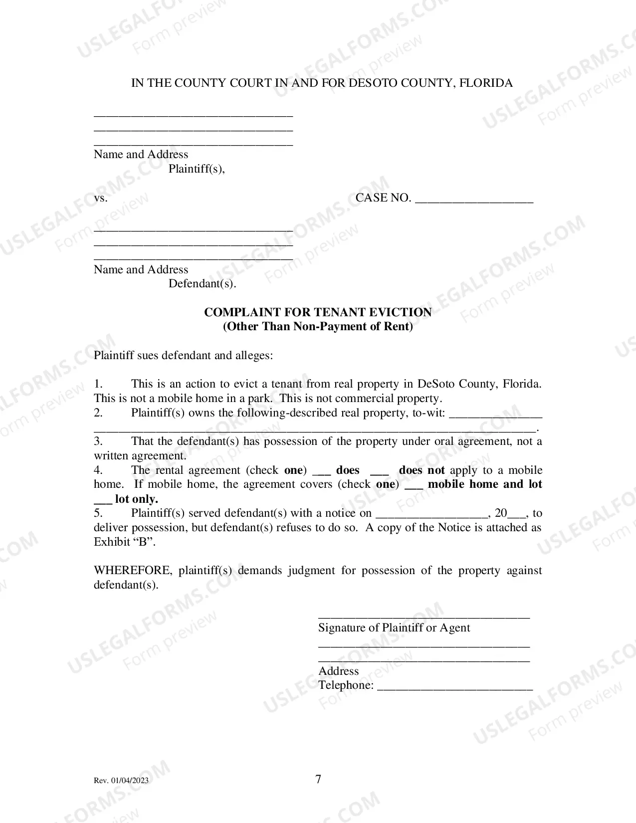 Preview Tenant Eviction Packet for Other Than Non-Payment of Rent filed by owner