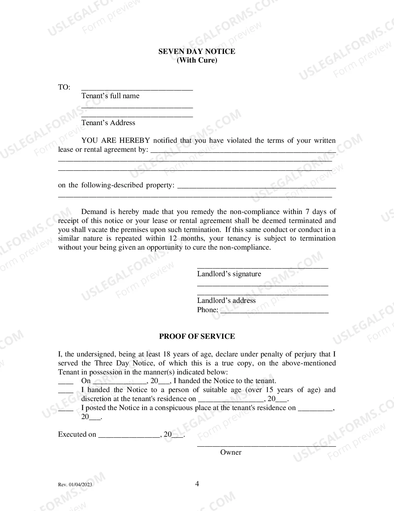 Preview Tenant Eviction Packet (Seven Day Notice with Cure)