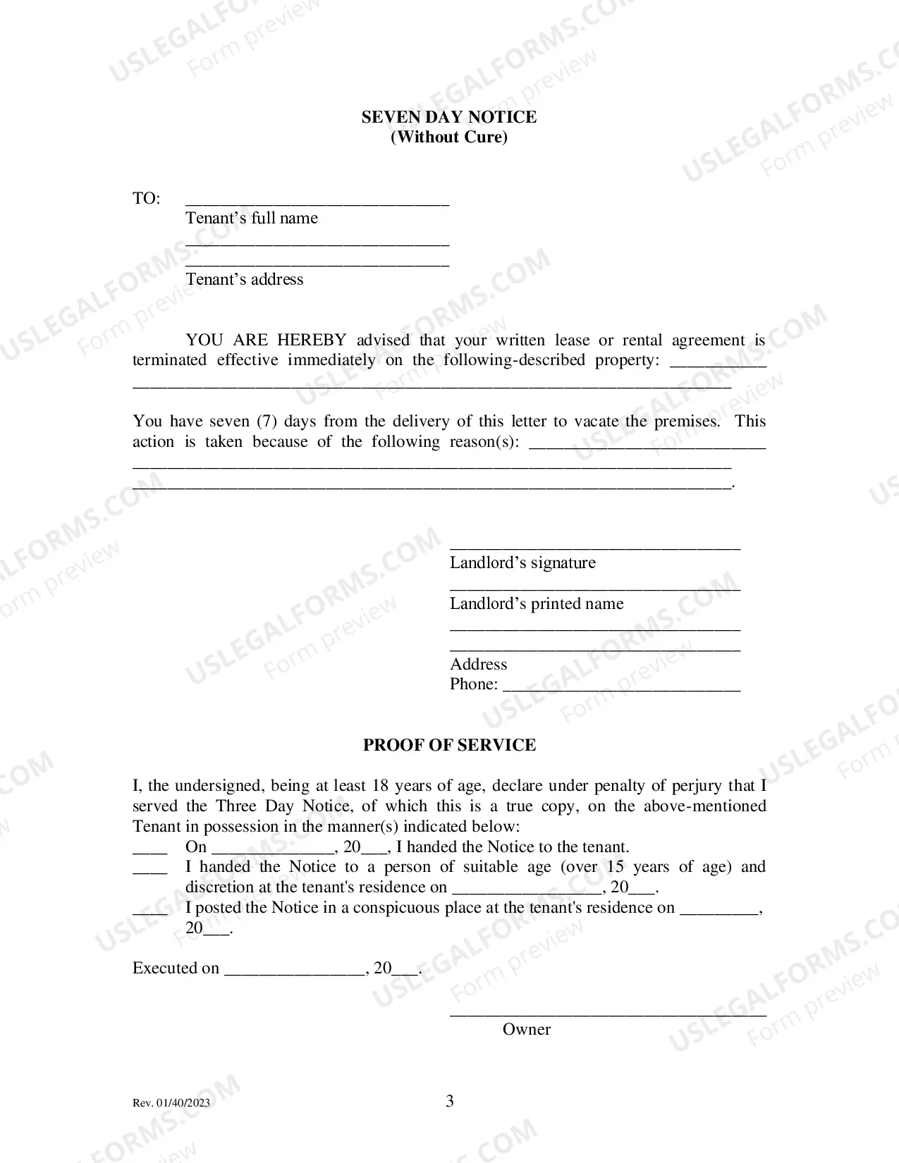 Preview Tenant Eviction Packet (Seven Day Notice without Cure)