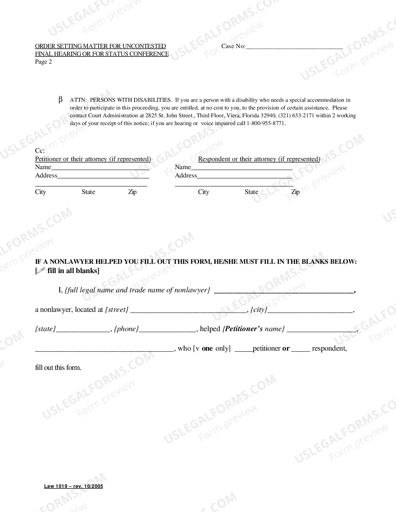 Preview Order Setting Matter For Uncontested Final Hearing Or Status Conference