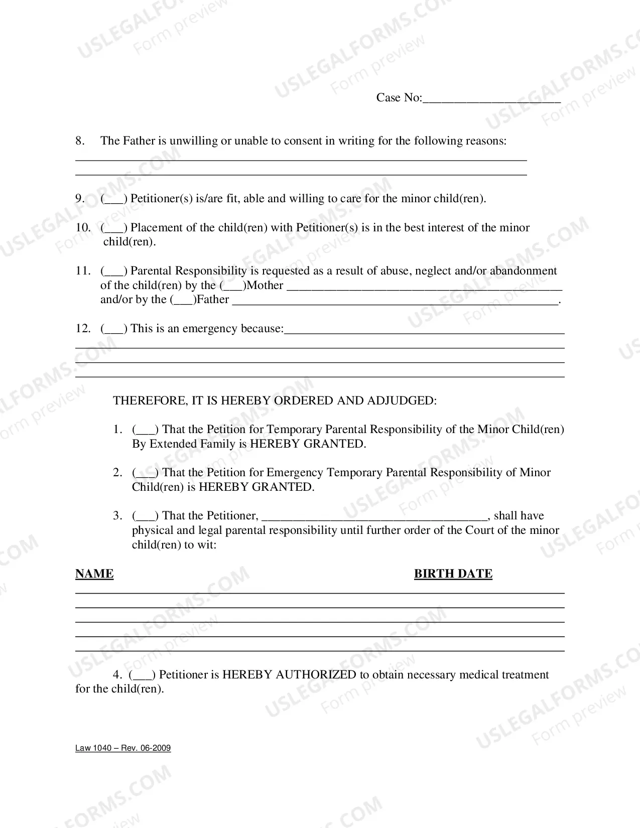 Preview Order Upon Petition For Temporary-Emergency Parental Responsibility of Minor Children By Extended Family