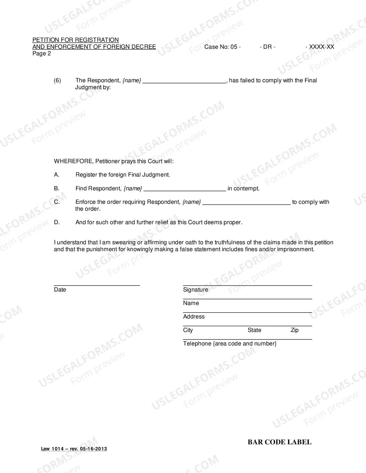 Preview Petition For Registration And Enforcement of Foreign Decree