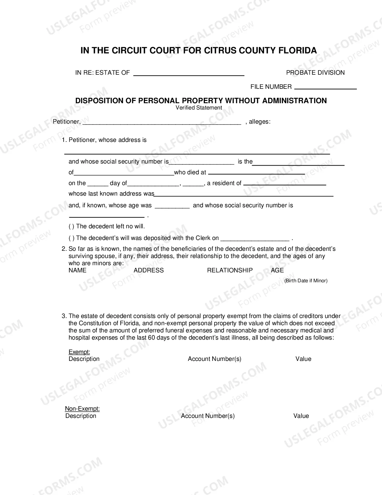 Preview Disposition of Personal Property Without Administration Verified Statement