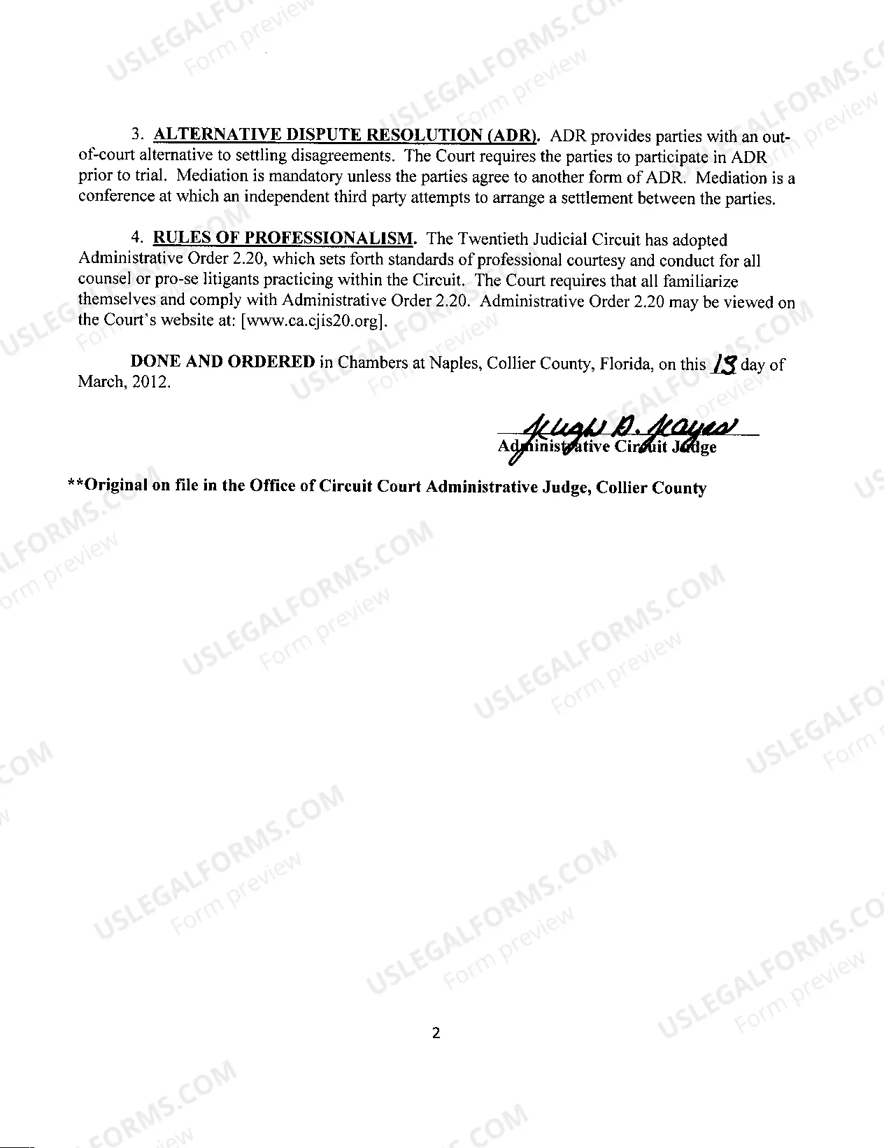 Preview Standing Order In Civil Cases In The Twentieth Judicial Circuit