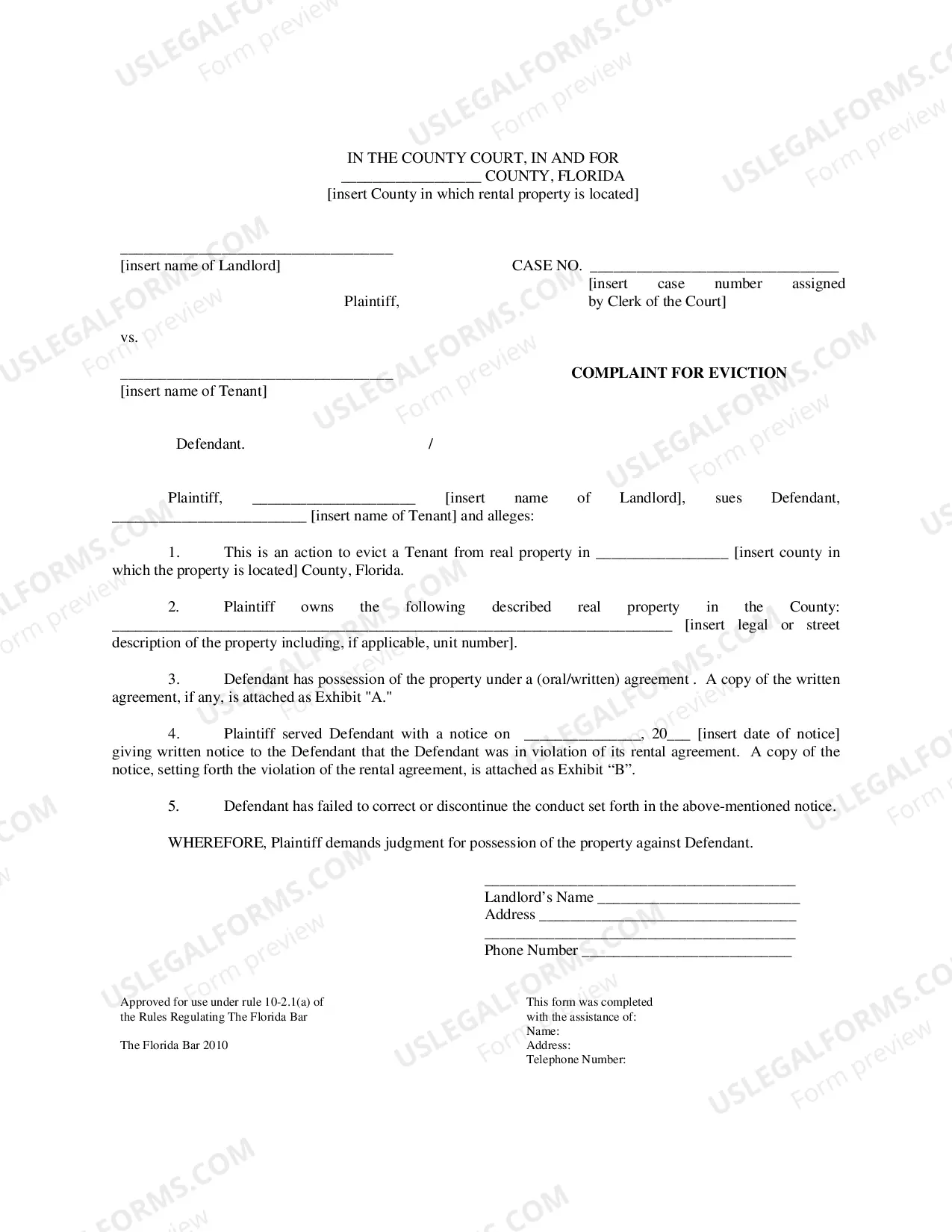 Preview Complaint For Eviction For Failure To Comply With Lease (Other Than Failure To Pay Rent)