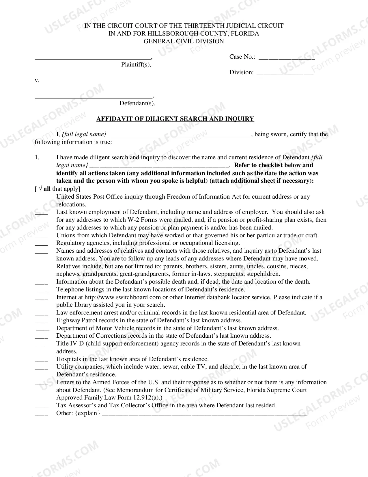 Preview Affidavit of Diligent Search And Inquiry