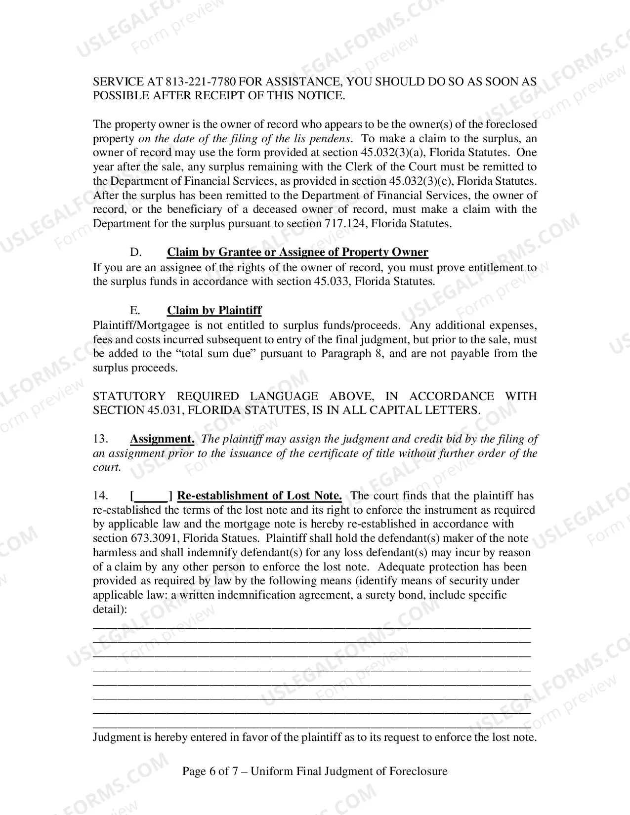 Preview Uniform Final Judgment of Foreclosure