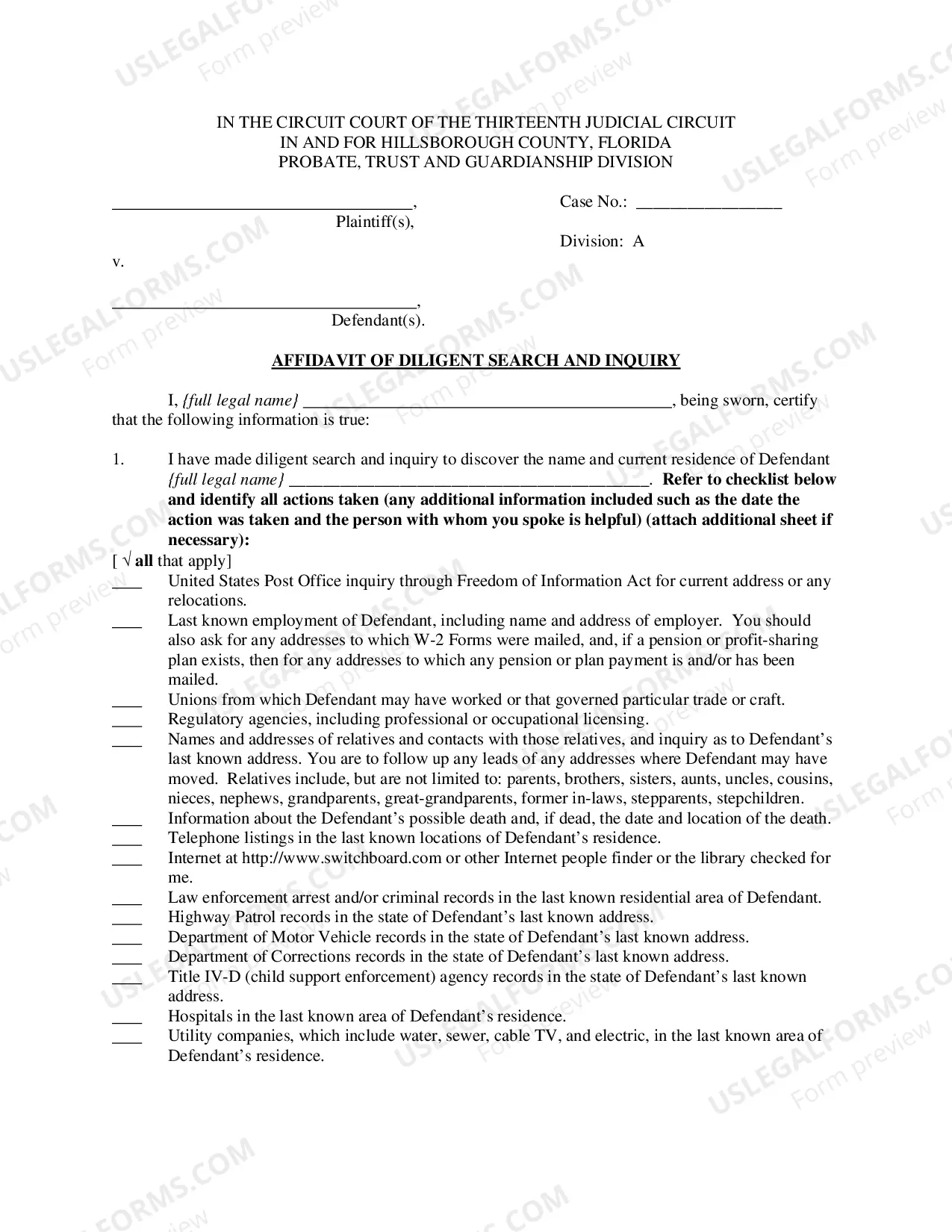 Preview Affidavit of Diligent Search And Inquiry (Probate)
