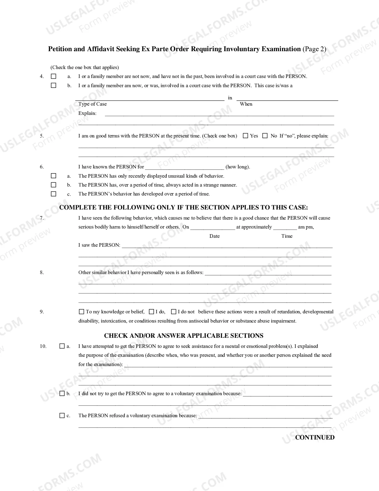 Preview Petition Affidavit Seeking Ex Parte Order Involuntary Exam (Baker Act)