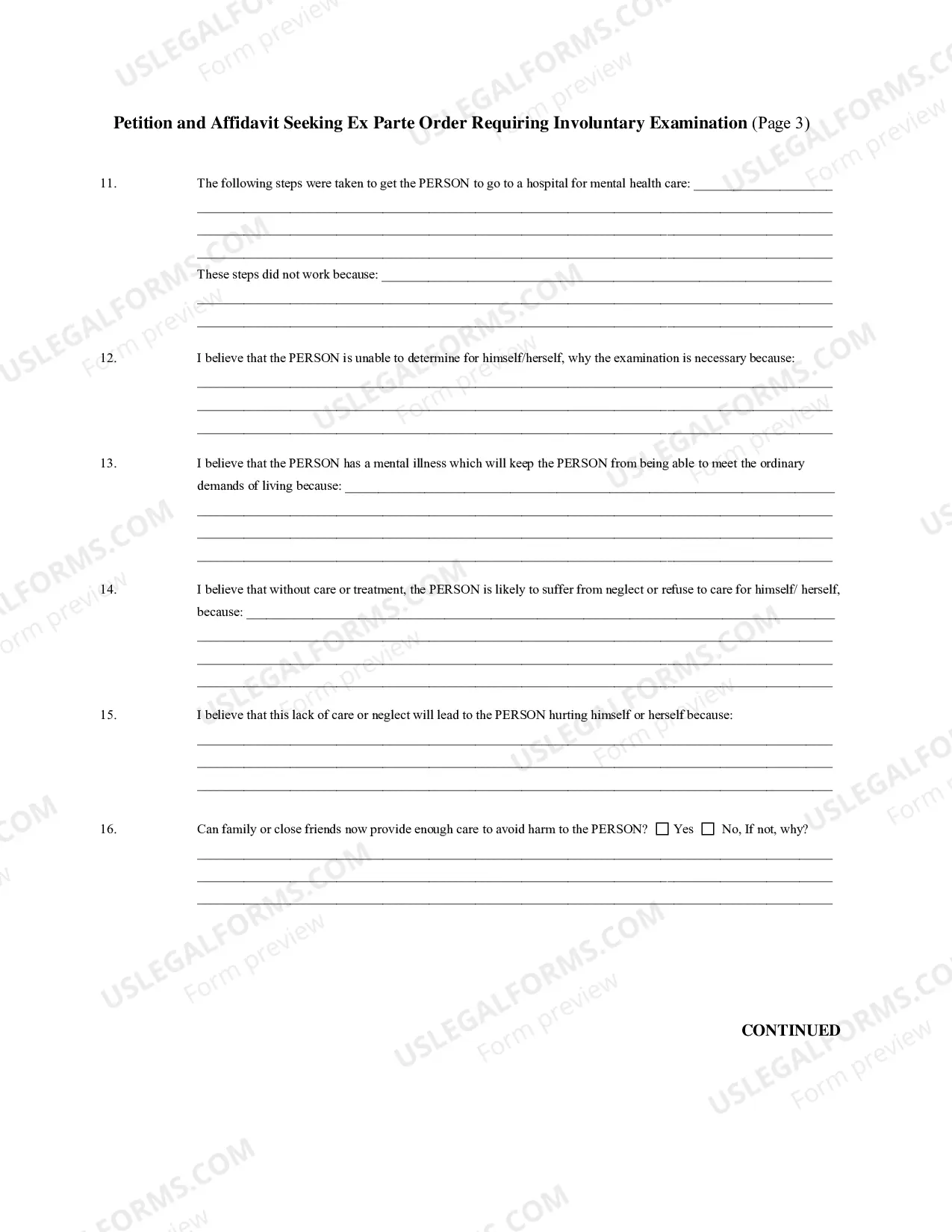 Preview Petition Affidavit Seeking Ex Parte Order Involuntary Exam (Baker Act)