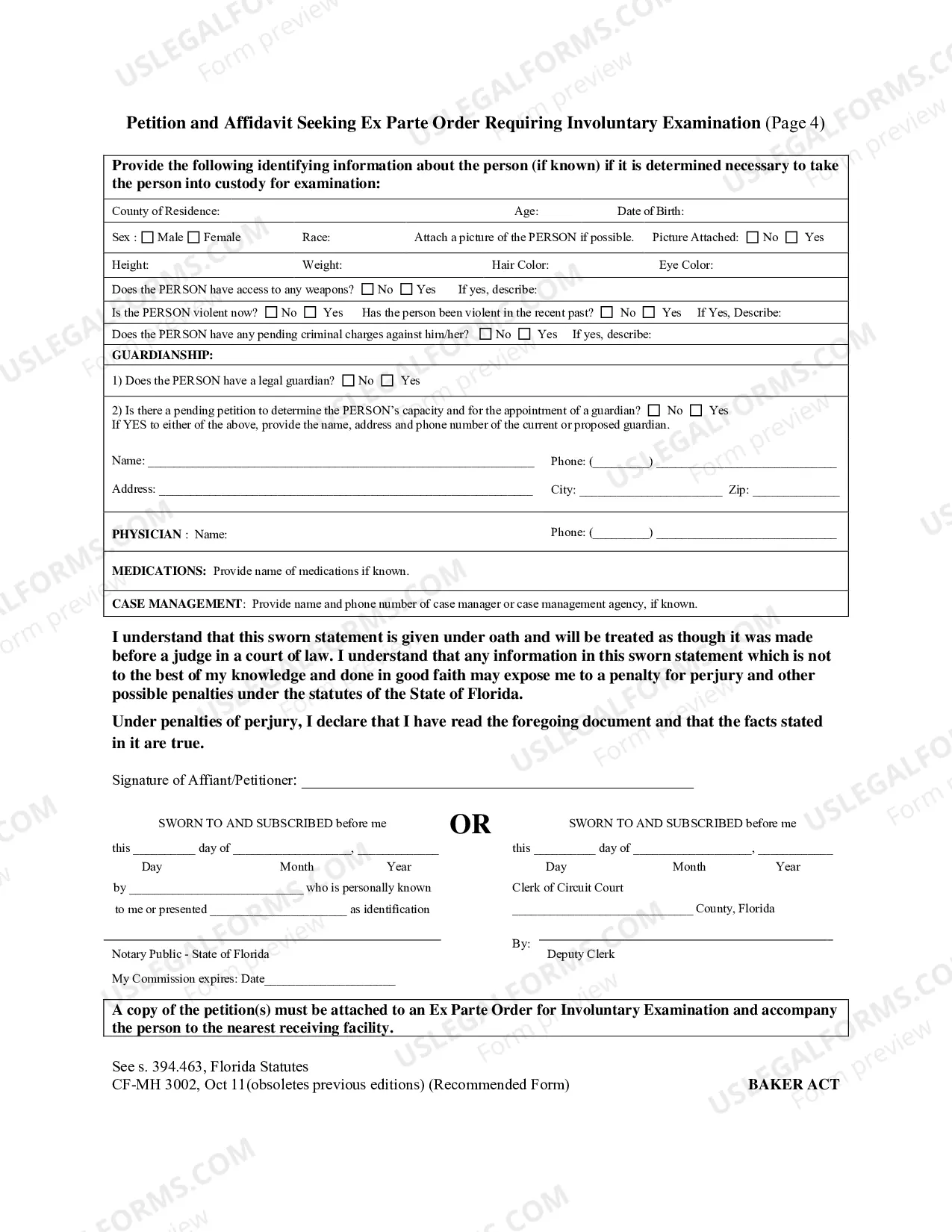 Preview Petition Affidavit Seeking Ex Parte Order Involuntary Exam (Baker Act)