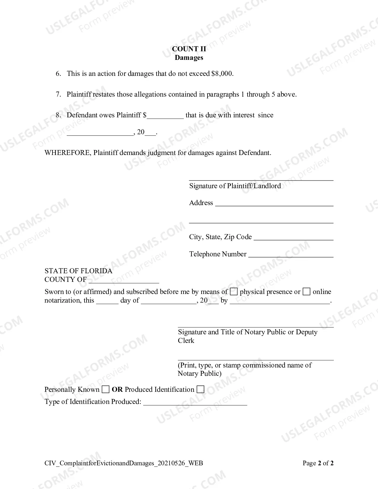 Preview Complaint For Eviction And For Damages