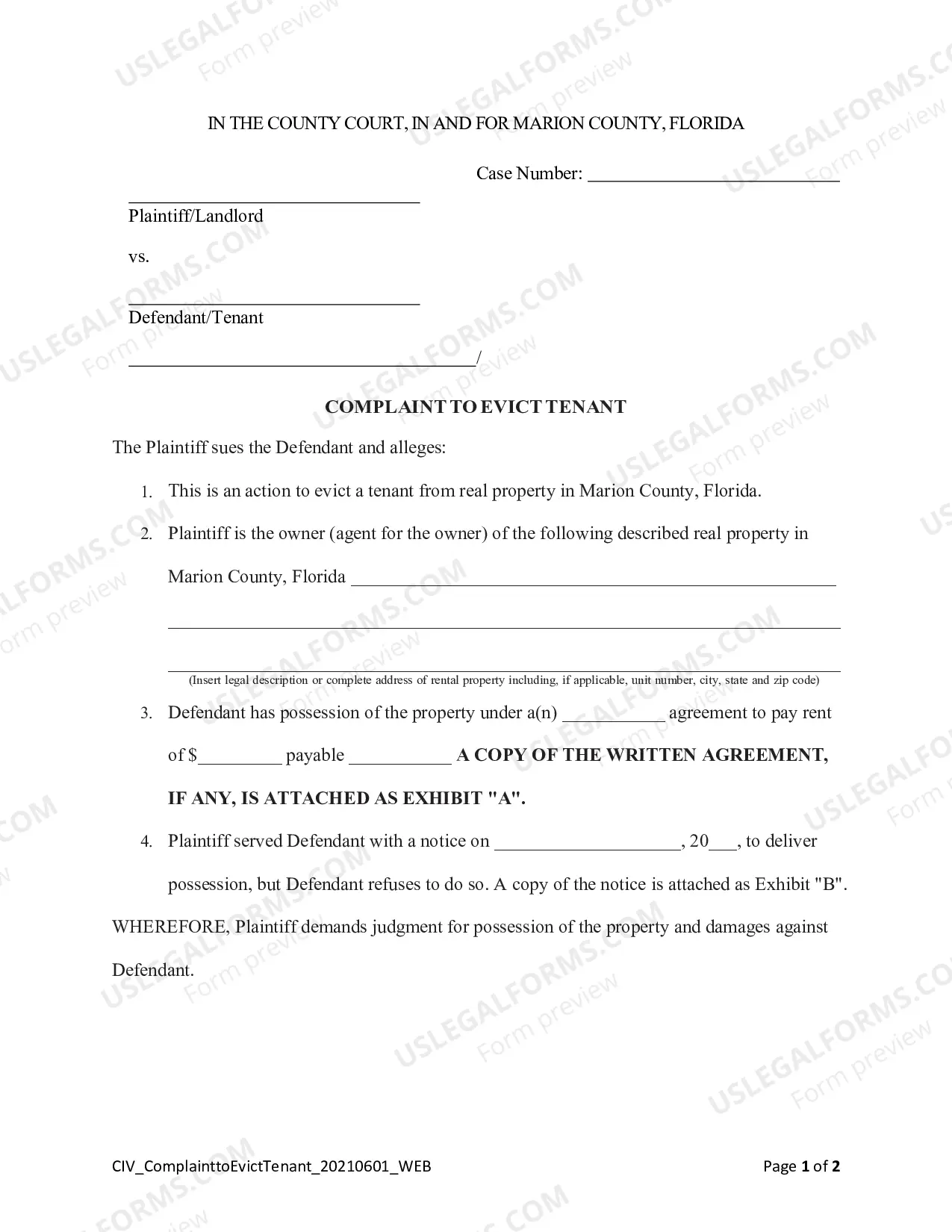 Preview Complaint To Evict Tenant