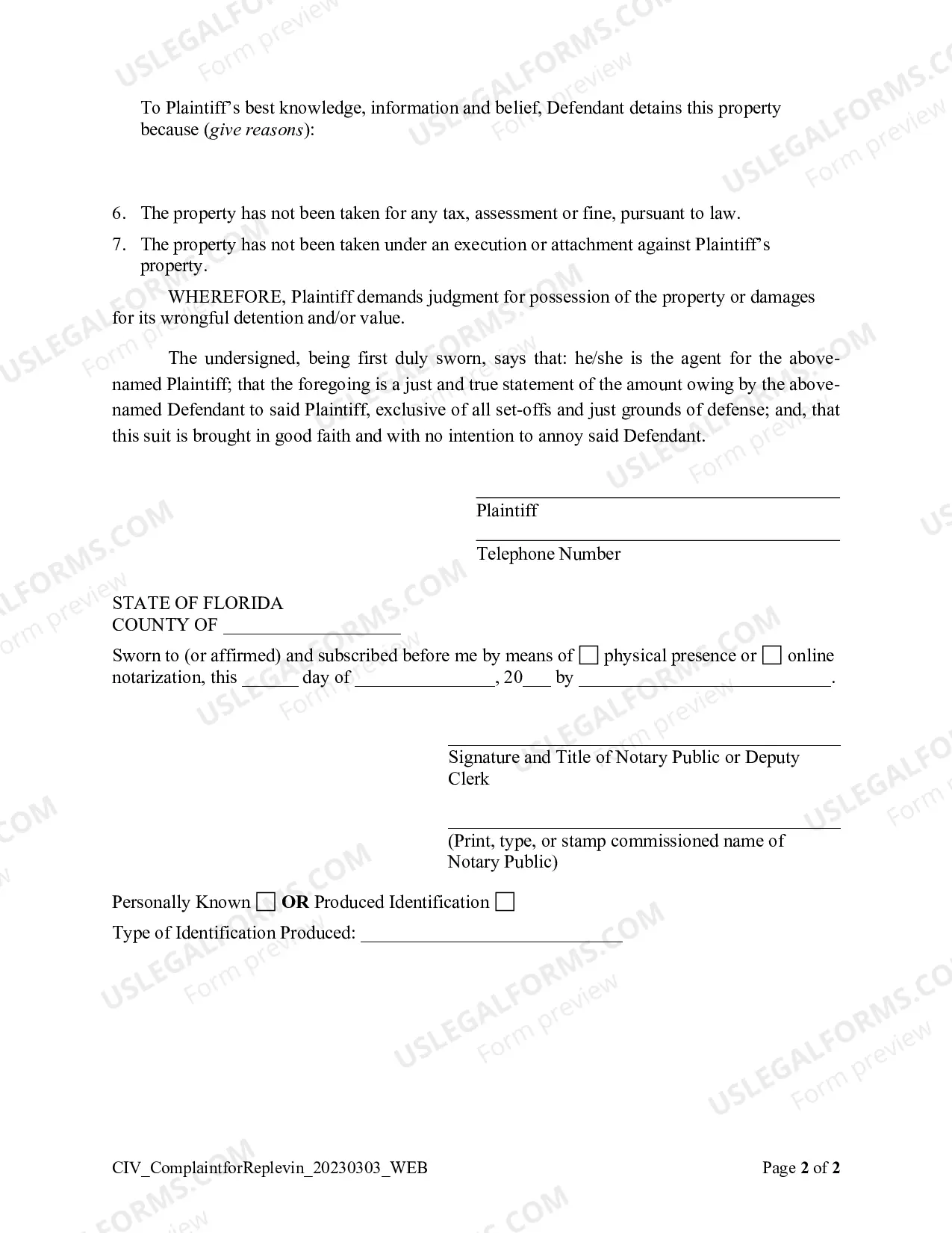 Preview Complaint For Replevin
