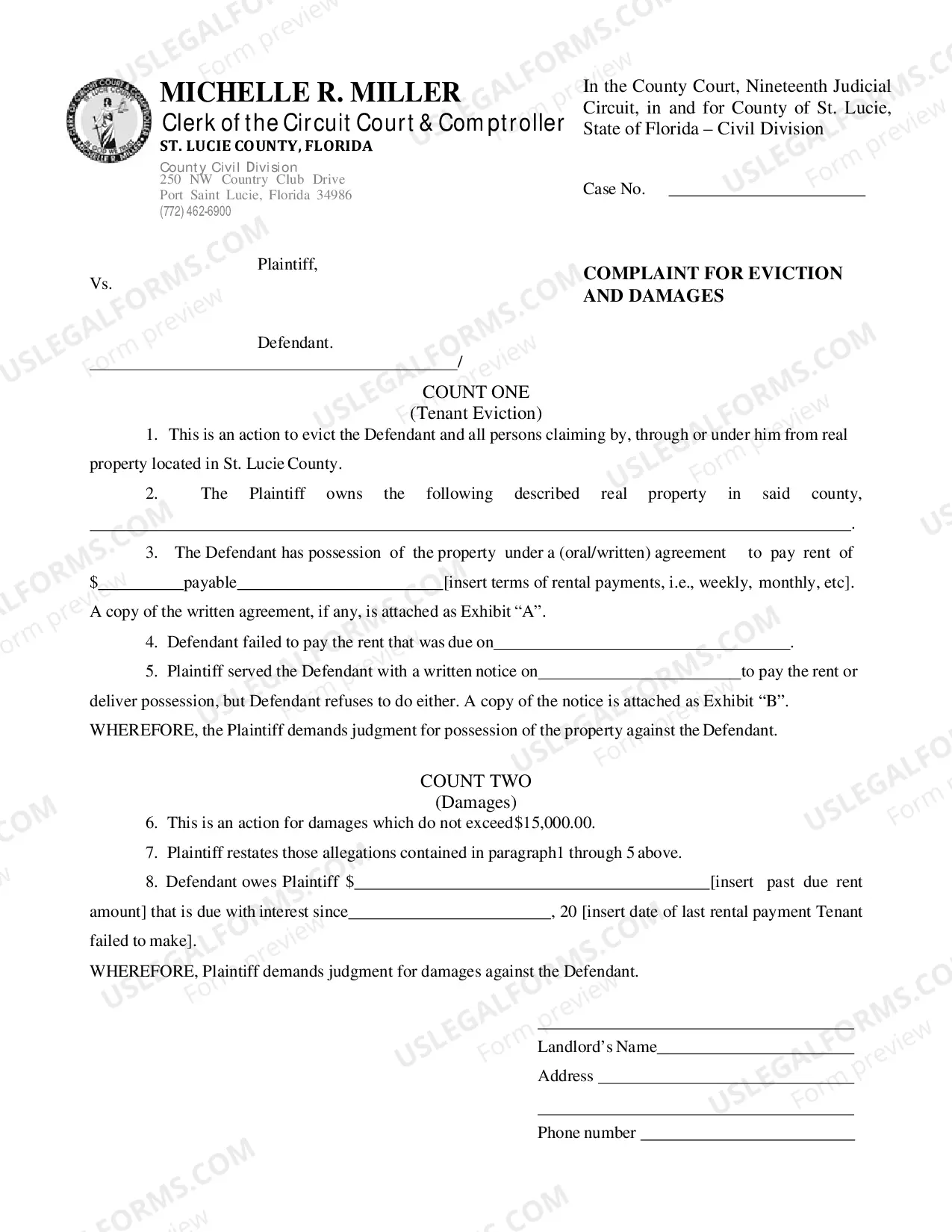 Preview Complaint For Eviction And Damages