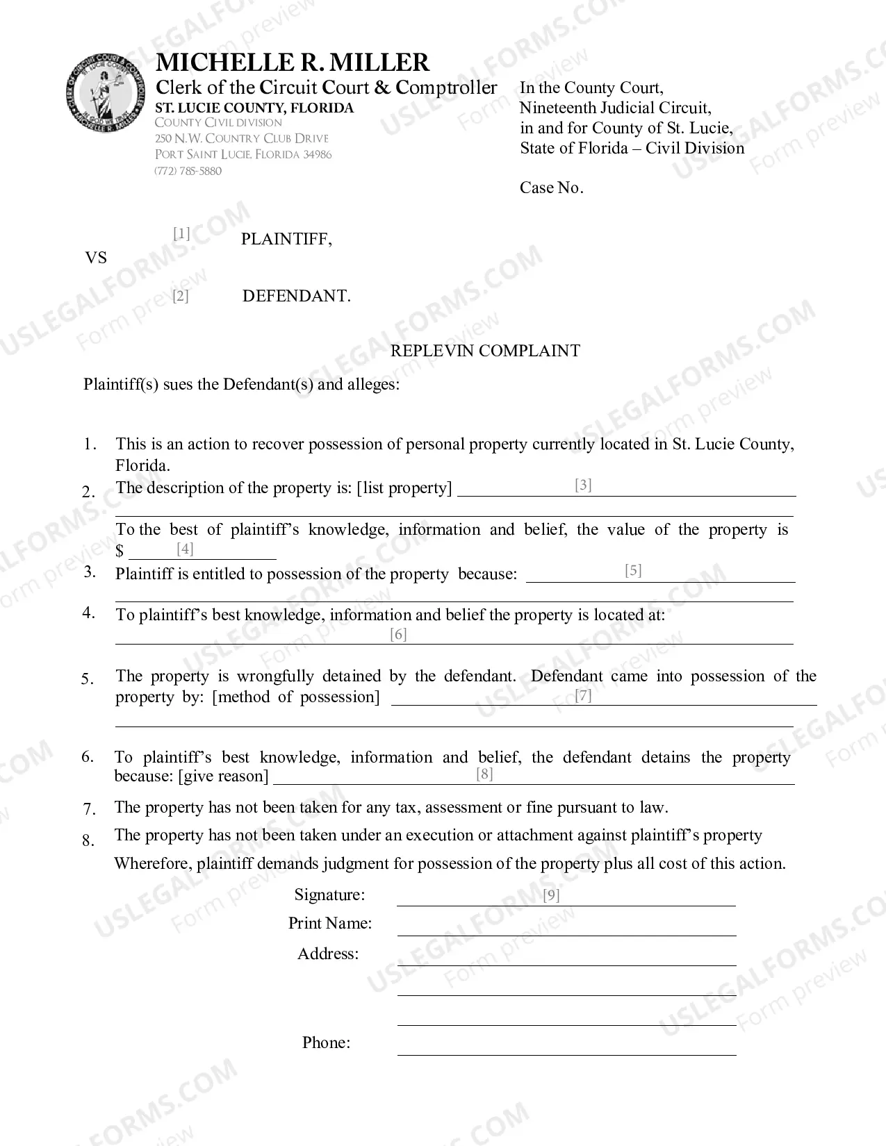 Preview Replevin Complaint