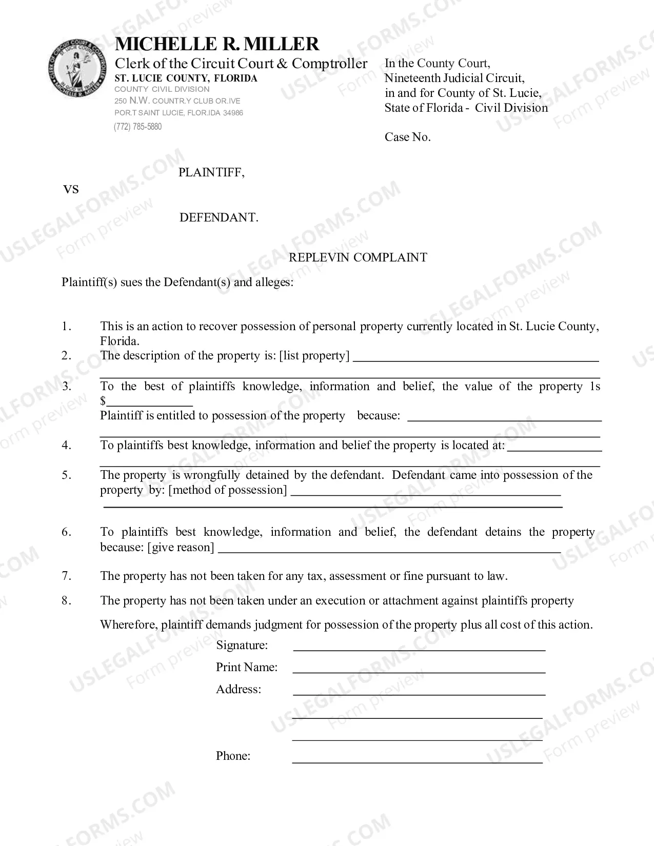 Preview Replevin Complaint