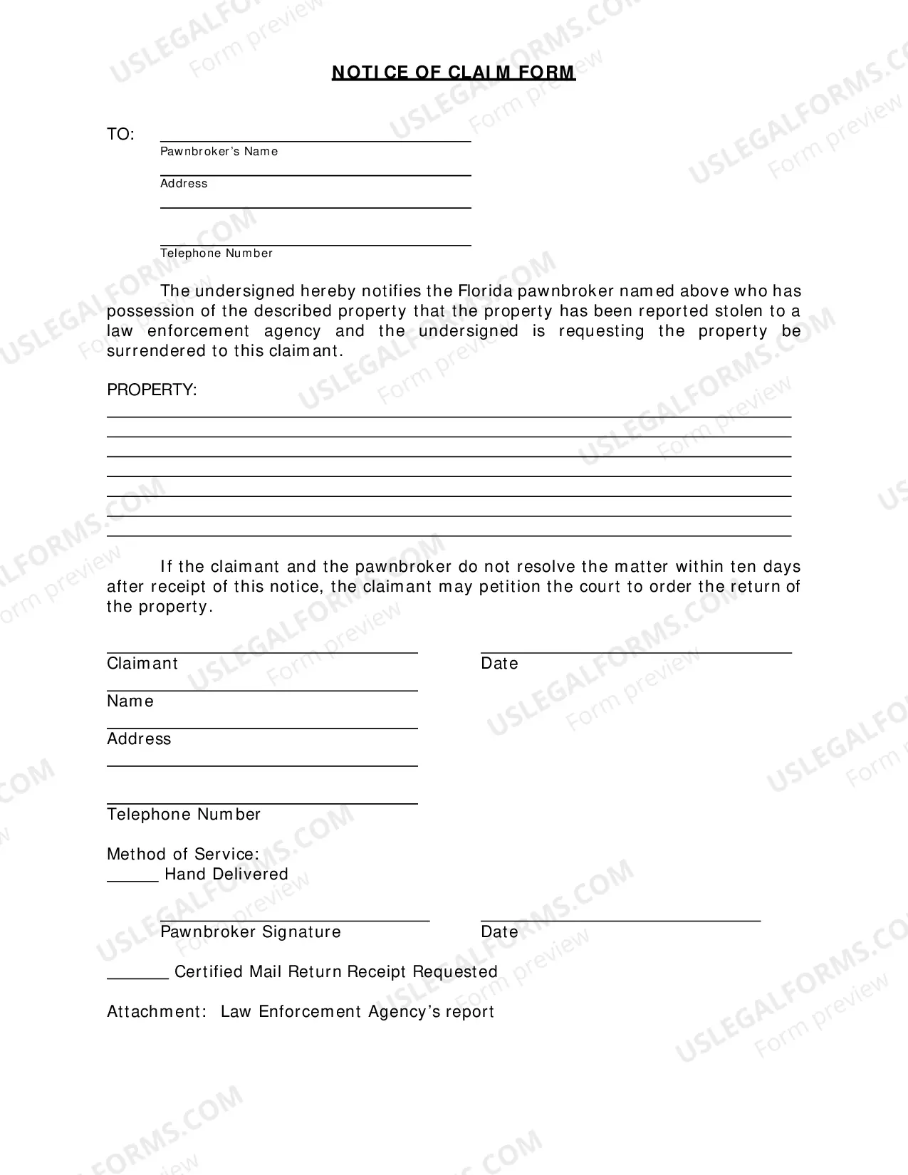 Preview Statement of Claim For Return Of Property (Replevin-Pawnbroker)