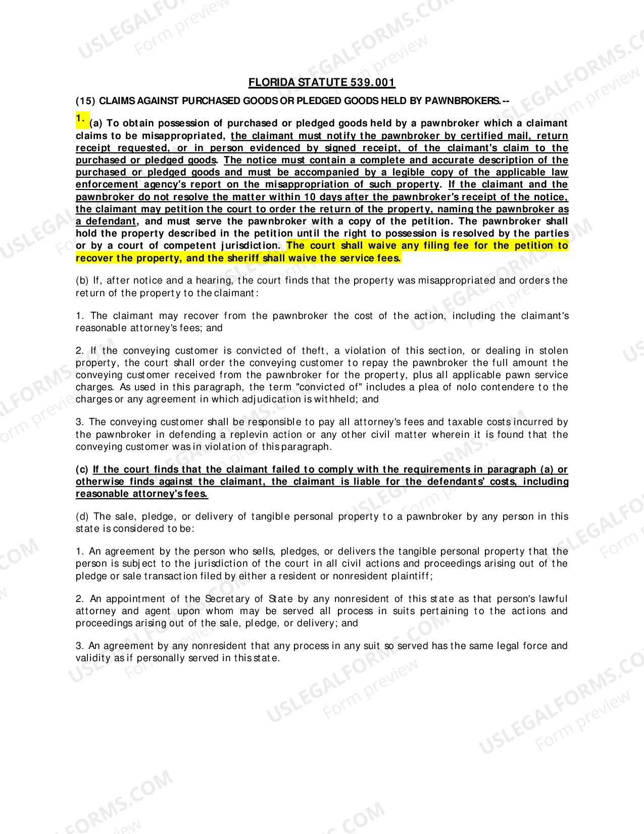Preview Statement of Claim For Return Of Property (Replevin-Pawnbroker)