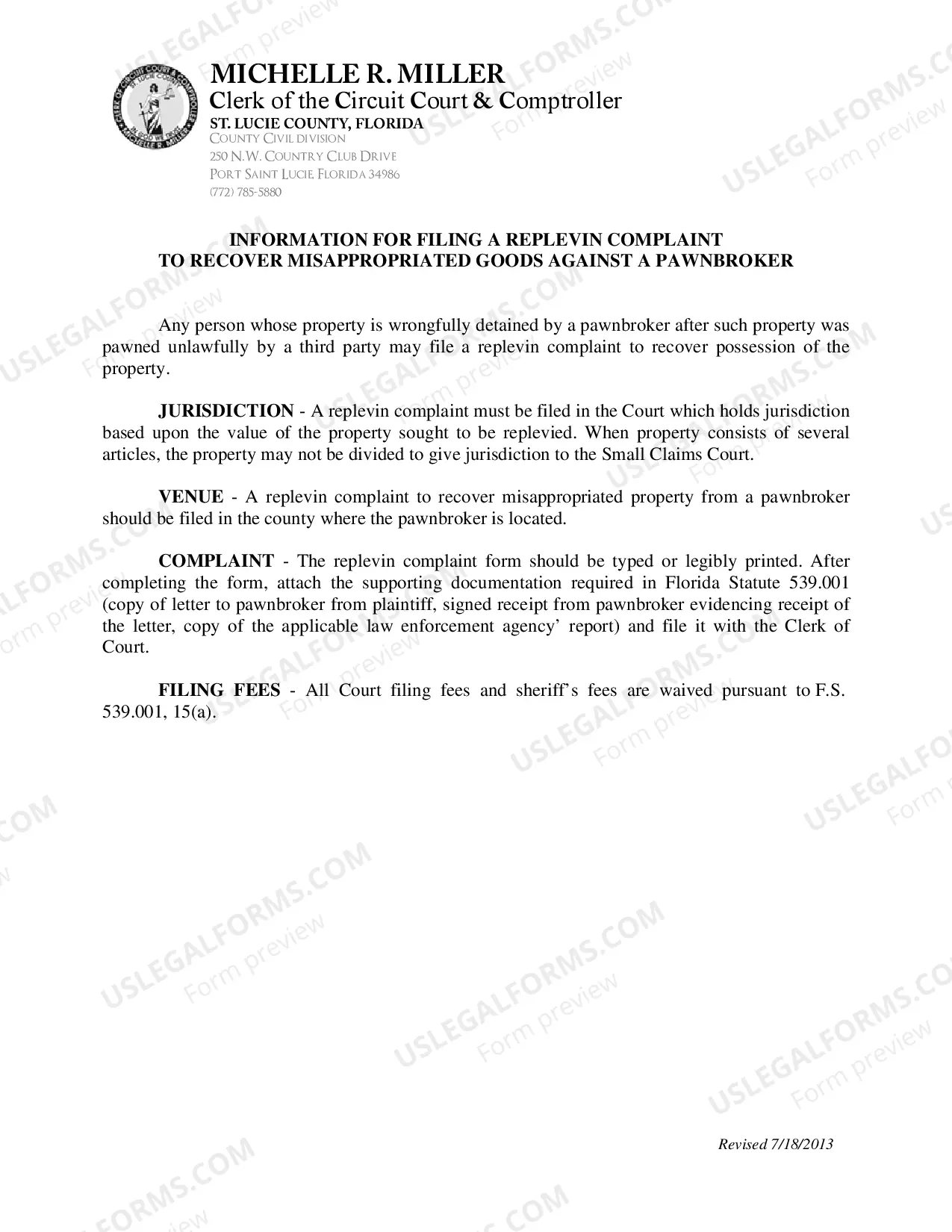 Preview Statement of Claim For Return Of Property (Replevin-Pawnbroker)